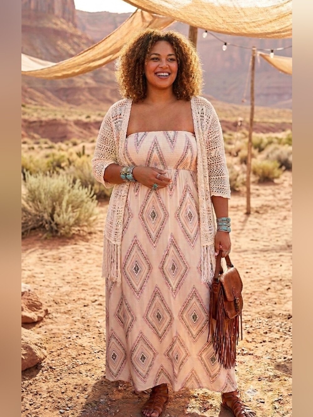 NWOT Old Navy Boho Strapless Smocked Maxi Dress Pink Tan - XXL